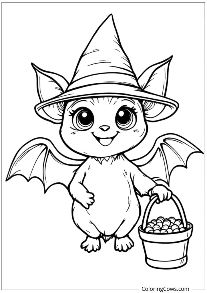 Adorable Bat in Witch Hat Holding Candy Pail Coloring