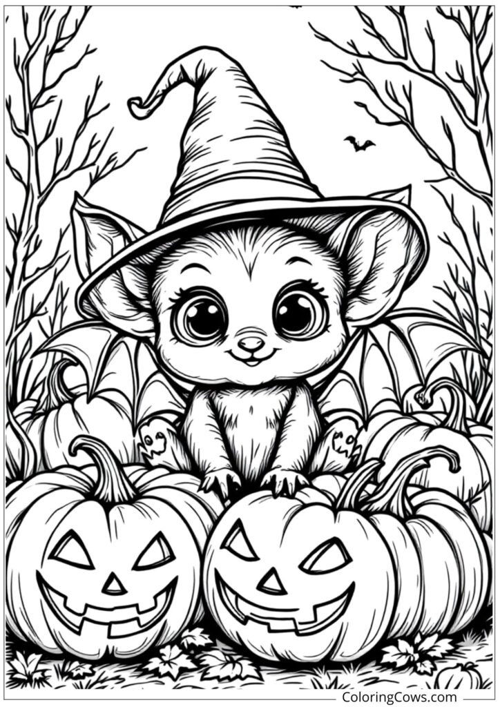 Baby Bat Witch Hat Halloween Pumpkins Coloring Page
