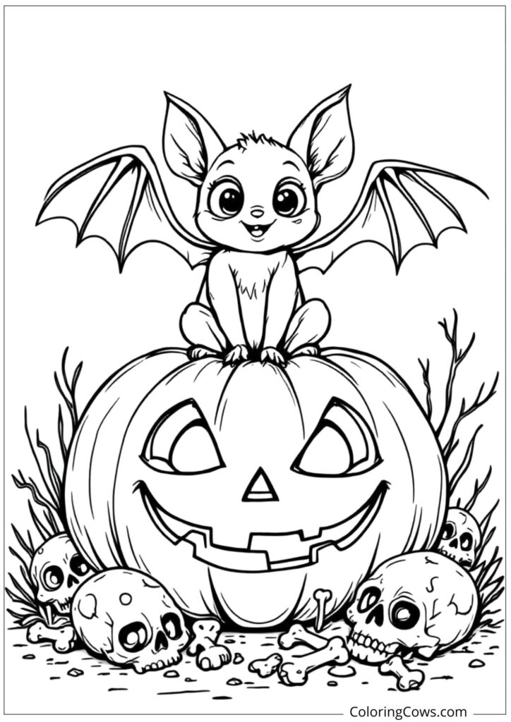 Cute Bat on Pumpkin Skulls Bones