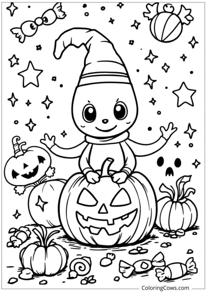 Smiling cartoon bat holding a pumpkin candy bucket